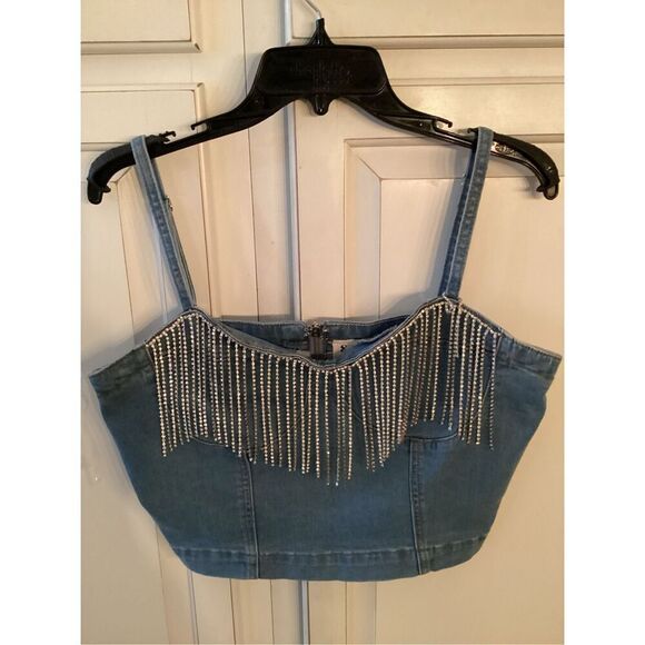 Savanna Jane Emma Denim Cropped Corset Sz M Rhinestone Fringe - Picture 2 of 8
